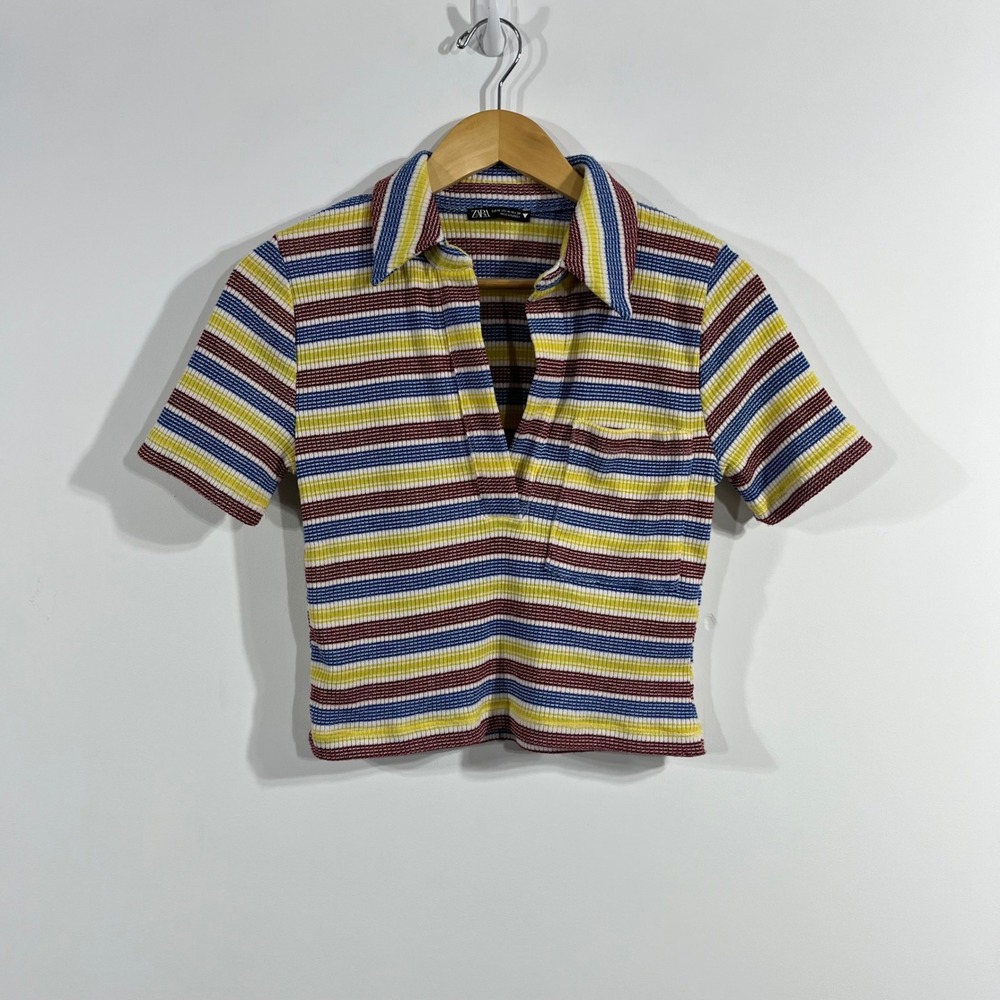 Zara Retro 70s Rainbow Striped Ribbed Knit Polo Top Womens Medium Preppy Rave